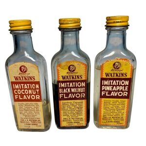 3 Watkins Vintage Flavor Extract Bottles Coconut Walnut Pineapple Movie Prop Set